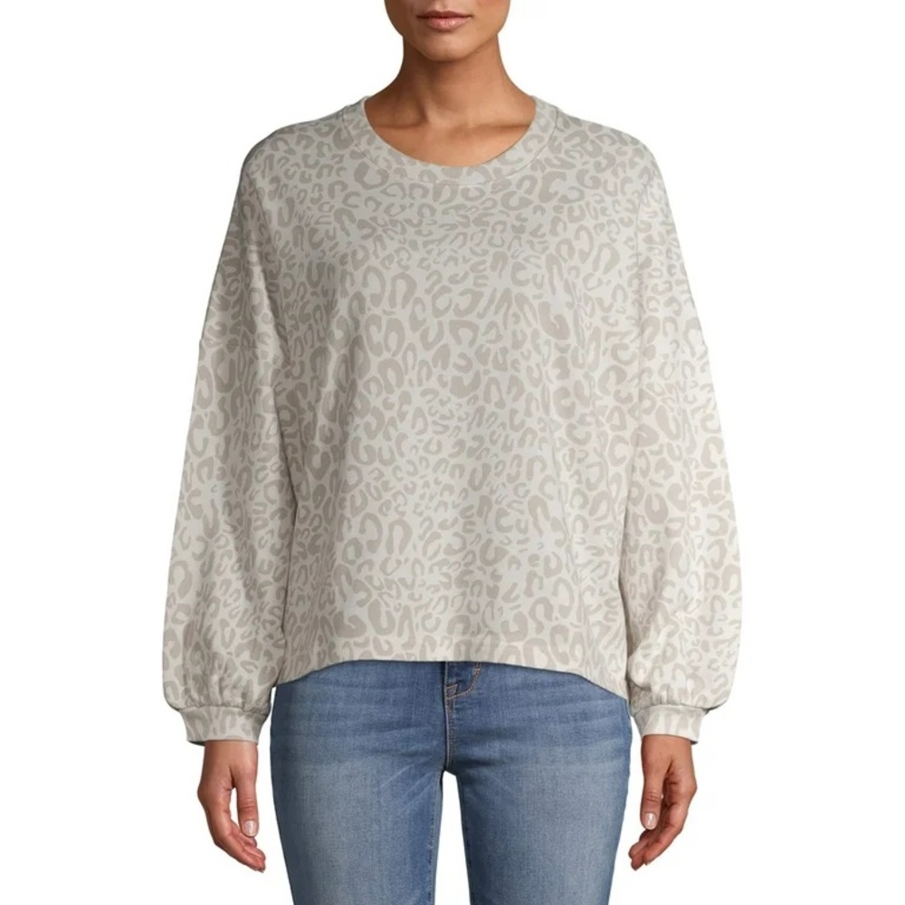 TIME AND TRU Balloon Sleeve Pullover Crewneck Sweatshirt in Ivory Leopard Size L